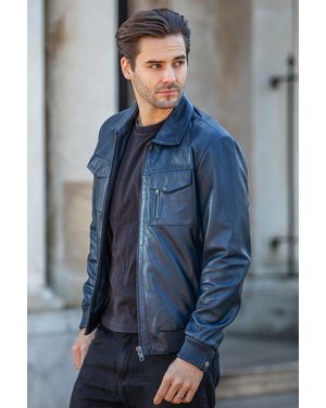 Ashwood Leather 'Torino Classic' Real Classic Bomber Jacket With Brando Collar - Blue