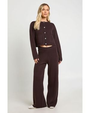 Boohoo Petite Pocket Detail Crew Neck Knitted Cardigan And Wide Leg Trouser - Brown