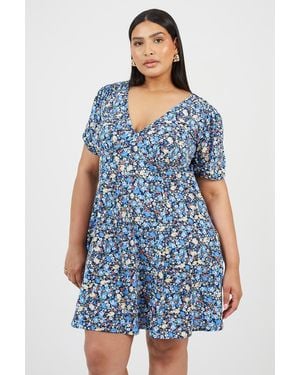 Brave Soul Curve Floral Puff Sleeve V-Neck Mini Dress - Blue