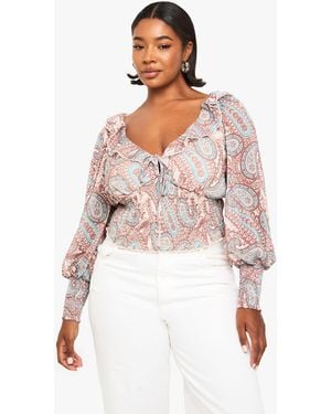 Boohoo Plus Paisley Shirred Waist Plunge Blouse - White