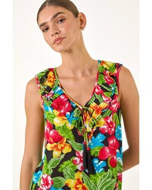 Roman Floral Print Tie Front Frill Top - Green