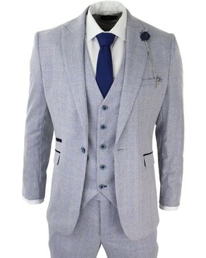 Infinity Leather 3 Piece Tweed Suit Light Check Peaky Blinders 1920 Gatsby Wedding - Blue