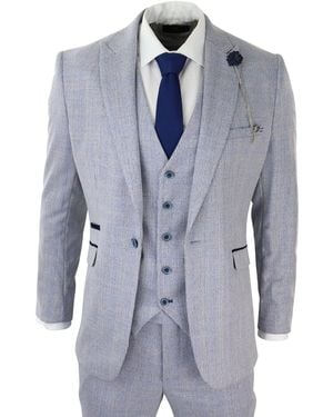 Infinity Leather 3 Piece Tweed Suit Light Check Peaky Blinders 1920 Gatsby Wedding - Blue
