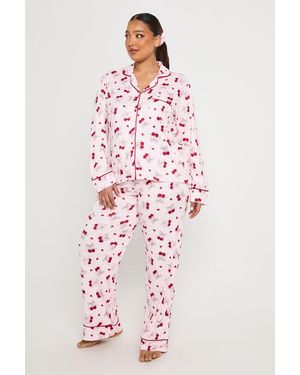 Boohoo Plus Cherry Print Heart Long Sleeve Shirt & Trouser 3 Piece Pyjama Set - Pink