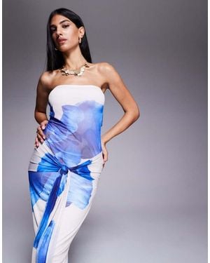 Kaiia Exclusive Double Layered Slinky Mesh Floral Tie Waist Drape Detail Maxi Dress - Blue