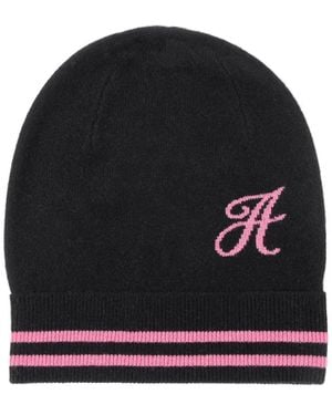 Crown of Edinburgh Cashmere Kasjmier Muts Met Monogram En Contrasterende Letter - Zwart