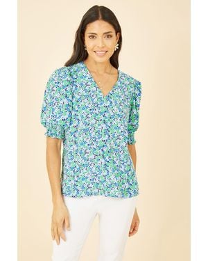 Yumi' Ditsy Print Puff Sleeve Top - Blue