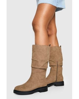 Boohoo Ruched Calf Height Flat Ankle Boots - Grey