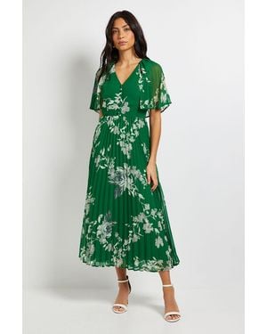 Wallis Pleated Cape Sleeve Midi Dress - Green