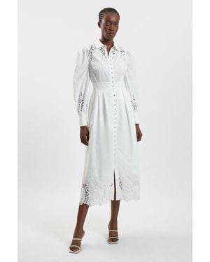 Karen Millen Cotton Cutwork Balloon Sleeve Woven Midi Dress - White