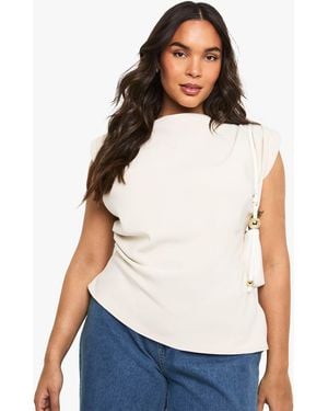Boohoo Plus Gathered Shoulder Pad Asymmetric Blouse - White