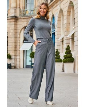 Sosandar Pinstripe Belted Wide Leg Trousers - Grey