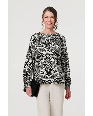 Izabel London Printed Long Sleeve Button Front Blouse - Black