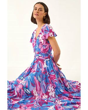 Roman Abstract Floral Ruched Midi Dress - White