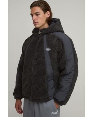 BoohooMAN Regular Fit Borg And Nylon Mix Hooded Jacket - Black