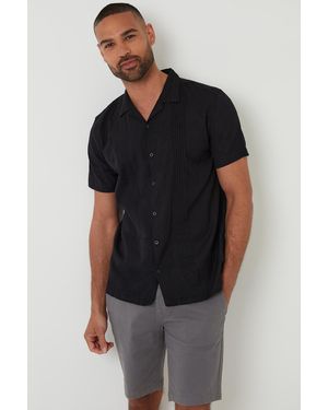 Threadbare Pleat Detail Short Sleeve Shirt With Linen - Black