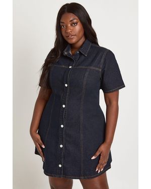 Boohoo Plus Short Sleeve Cinched Waist Denim Dress - Blue