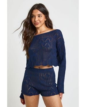 Boohoo Patterned Slash Neck Beach Crochet Top - Blue