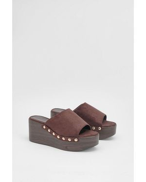 Oasis Pattie Faux Suede Chunky Casual Wedge Mules - Brown