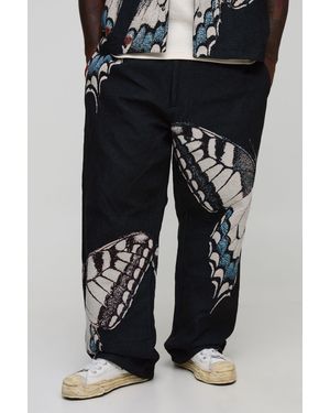 BoohooMAN Plus Butterfly Tapestry Relaxed Fit Trousers - Black