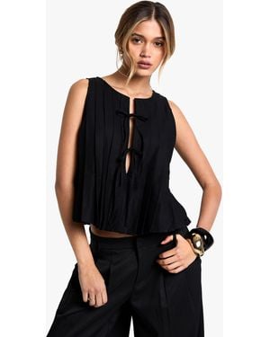 Boohoo Linen Look Pleated Tie Front Smock Top - Black