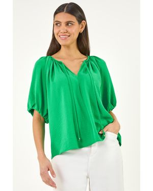 Roman Tie Front Raglan Sleeve Top - Green