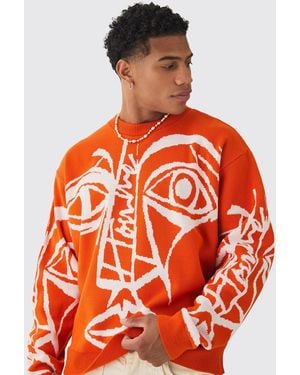 BoohooMAN Oversized Boxy Abstract Line Face Knitted Jumper - Red