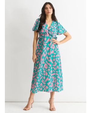 Gini London Animal Print V Neck Ruffle Midi Dress - Blue