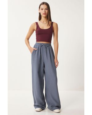 Happiness İstanbul Wide Leg Drawstring Waist Trousers With Binding Detail - Blue