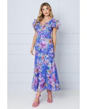 Oasis Floral Jacquard Ruffle Sleeve Midaxi Dress - Blue