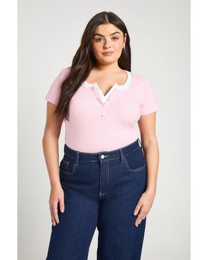 Boohoo Plus Ribbed Contrast Henley Button Short Sleeve Top - Blue