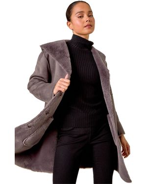 Roman Petite Faux Sheepskin Hooded Coat - Black
