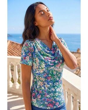 Roman Floral Print Cowl Neck Stretch Top - Blue