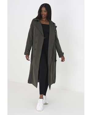 Brave Soul Double-Breasted Longline Trench Coat With Detachable Hood - Green