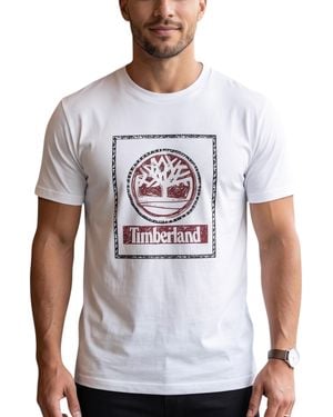 Timberland T Shirts Tree Print Classic Logo Summer Cotton Crew Neck Top - White