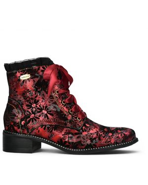 Laura Vita Floral Gothic Victorian Leather Ankle Heeled Boots - Red