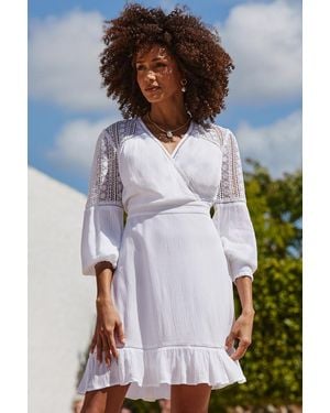 Sosandar Broderie Detail Wrap Front Summer Dress - White