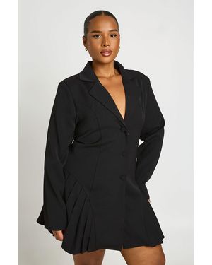 Boohoo Plus Pleated Skirt Button Down Blazer Dress - Black