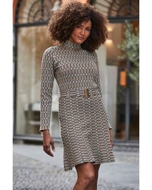 Sosandar Taupe Geometric Print Fit & Flare Dress - Grey