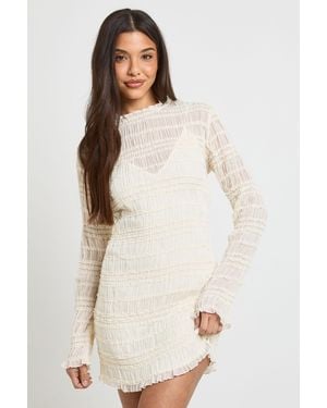 Boohoo Textured Chiffon Long Sleeve Mini Dress - Natural