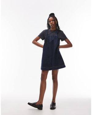 TOPSHOP Denim Pinny Dress With Button Detail - Blue
