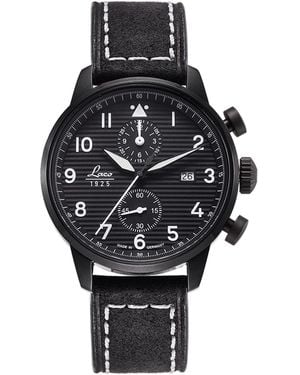 Laco Big Pilot Watch Vintage Chronograph Aviator With Dial Analogue Display And Leather Strap Stainless Steel - Black