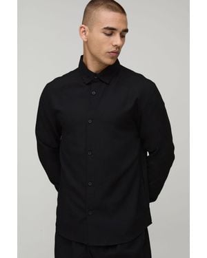 BoohooMAN Regular Fit Long Sleeve Linen Blend Shirt - Black