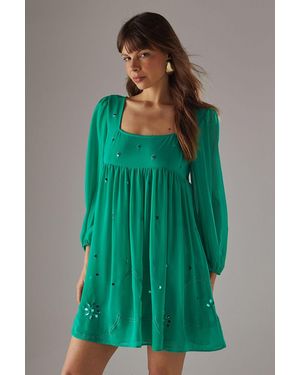 Warehouse Hand Embellished Sequin Square Neck Mini Dress - Green