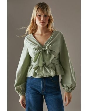 Warehouse Poplin Tie Front Balloon Sleeve Blouse - Green