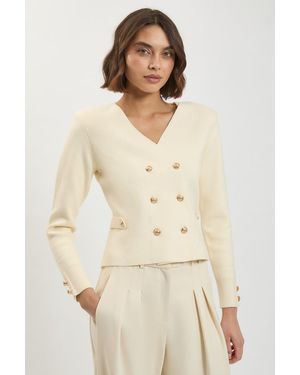 Karen Millen Wool Look Military Double Breasted Knitted Cardigan - Natural
