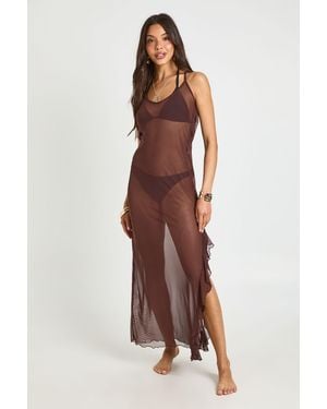 Boohoo Sheer Mesh Low Back Split Detail Maxi Beach Dress - Brown