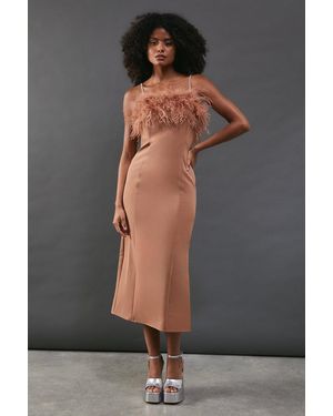 Warehouse Feather Detail Diamante Strap Bandeau Midi Dress - Grey