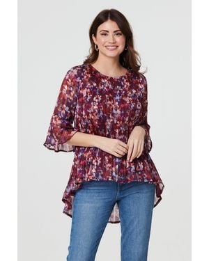Izabel London Animal Print Pleated 3/4 Sleeve Blouse - Red