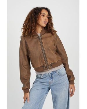 Brave Soul Vintage Pu 'Benoite' Cropped Bomber Jacket - Blue